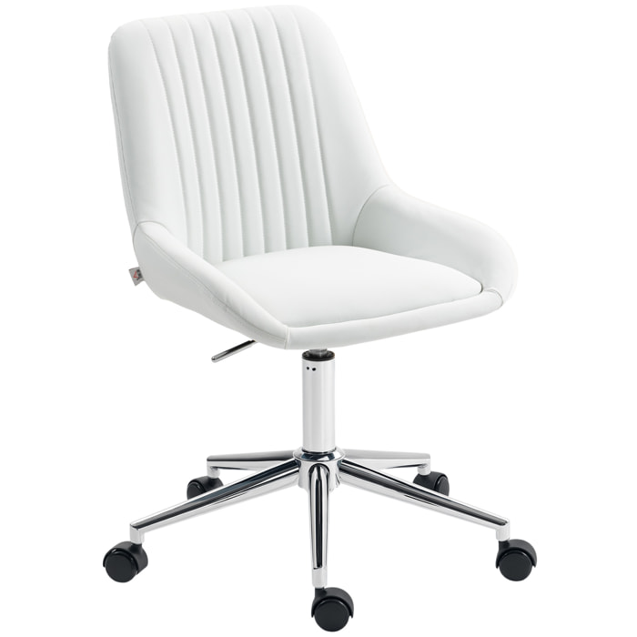 Chaise de bureau design dossier à surpiqûres verticales piètement acier chromé PU blanc