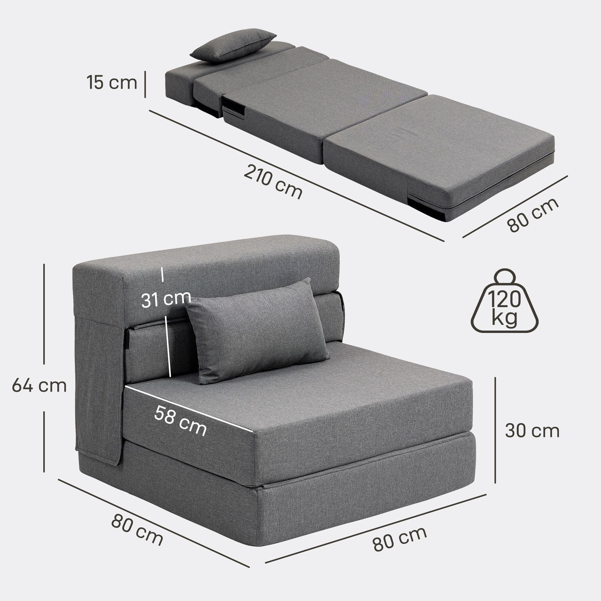 Chauffeuse futon grand confort avec coussin tissu toucher lin gris
