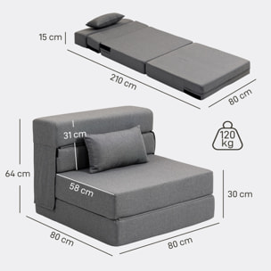 Chauffeuse futon grand confort avec coussin tissu toucher lin gris