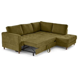 Anna - canapé d'angle droit 5 places convertible en velours texturé - Vert Olive