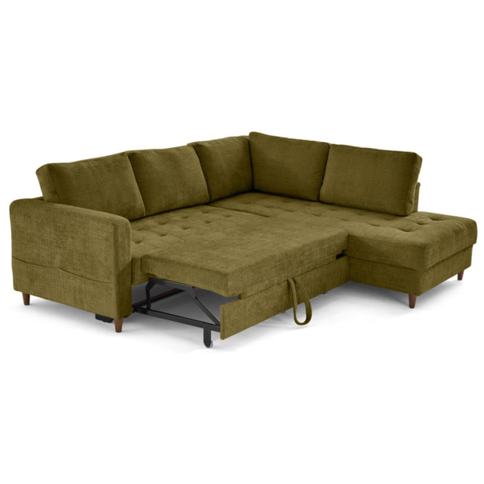 Anna - canapé d'angle droit 5 places convertible en velours texturé - Vert Olive