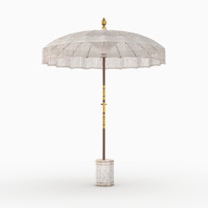 Ensemble parasol en macramé et pied de parasol en bois de suar - Fakélé