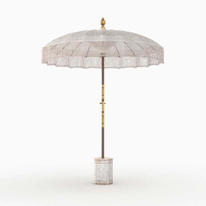 Ensemble parasol en macramé et pied de parasol en bois de suar - Fakélé