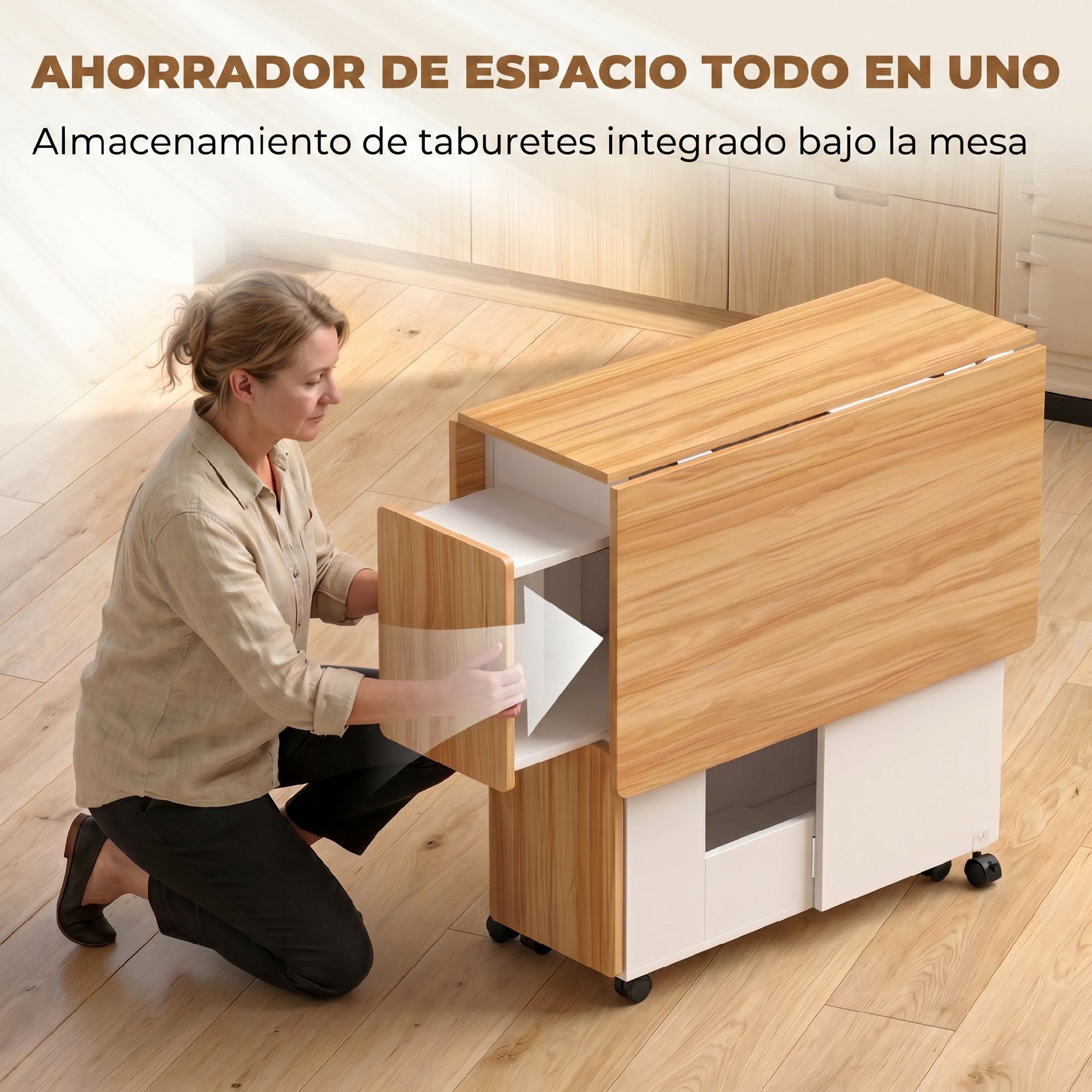 HOMCOM Conjunto Mesa y 4 Sillas de Comedor, Mesa de Comedor Plegable con Taburetes Ocultos, 2 Alas Abatibles, Ruedas, Estantes, Ahorro de Espacio, para 4-6 Personas, Roble