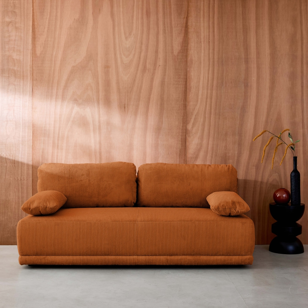 Banquette convertible 3 places velours côtelé camel avec coffre de rangement - L 192 x P 100 x H 81cm -Nelson