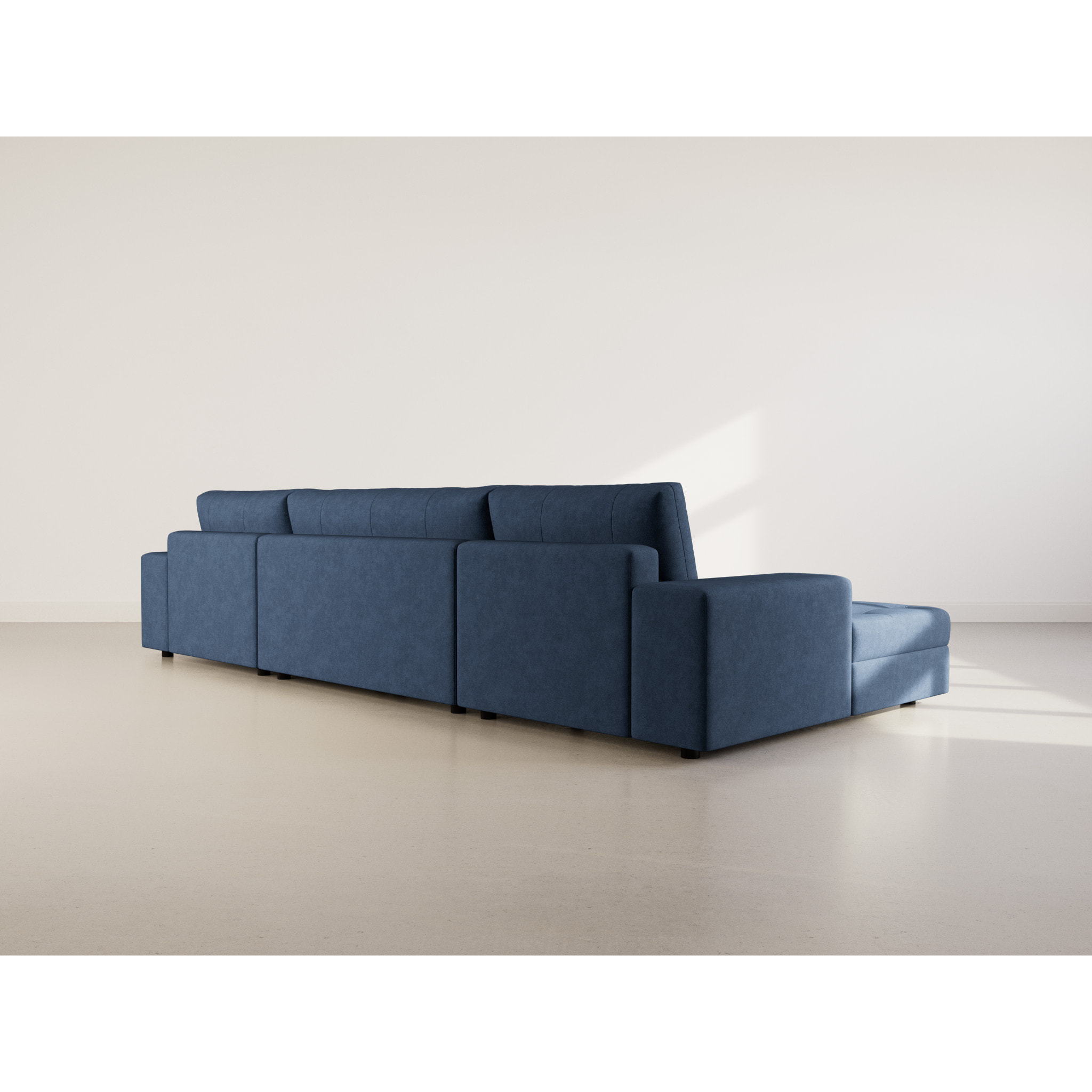 Bastian - canapé panoramique en U 7 places convertible avec coffre en velours texturé - Bleu