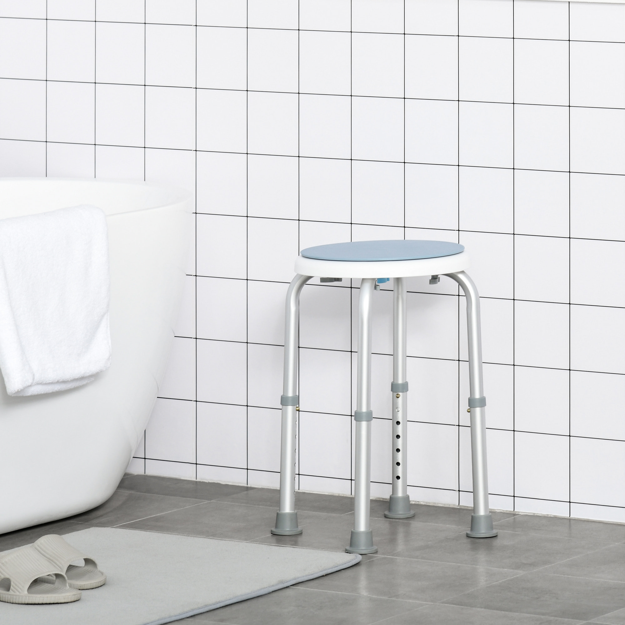 Tabouret de douche siège de douche - hauteur réglable, pivotant 360° - alu PP blanc bleu