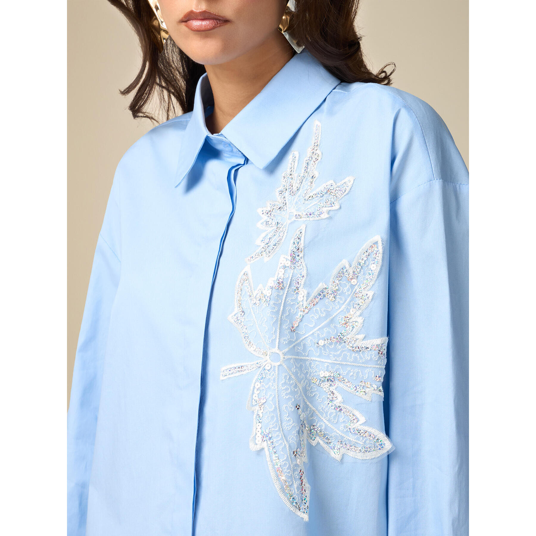 Oltre - Oversized shirt with jewel patch - Light - blue