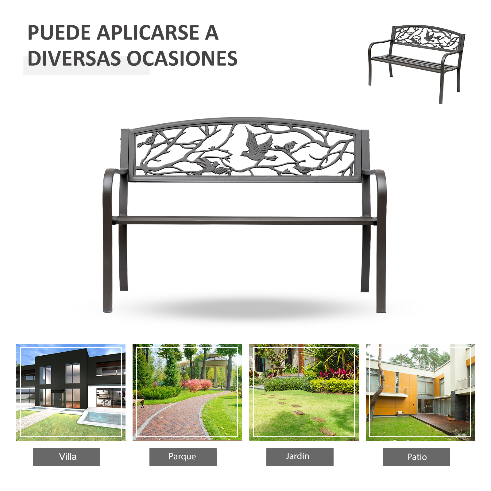 Banco de Jardín de Acero Banco de Exterior con Apoyabrazos y Respaldo con Imagen de Animales Carga 240 kg para Patio Terraza 127x60x85 cm Marrón