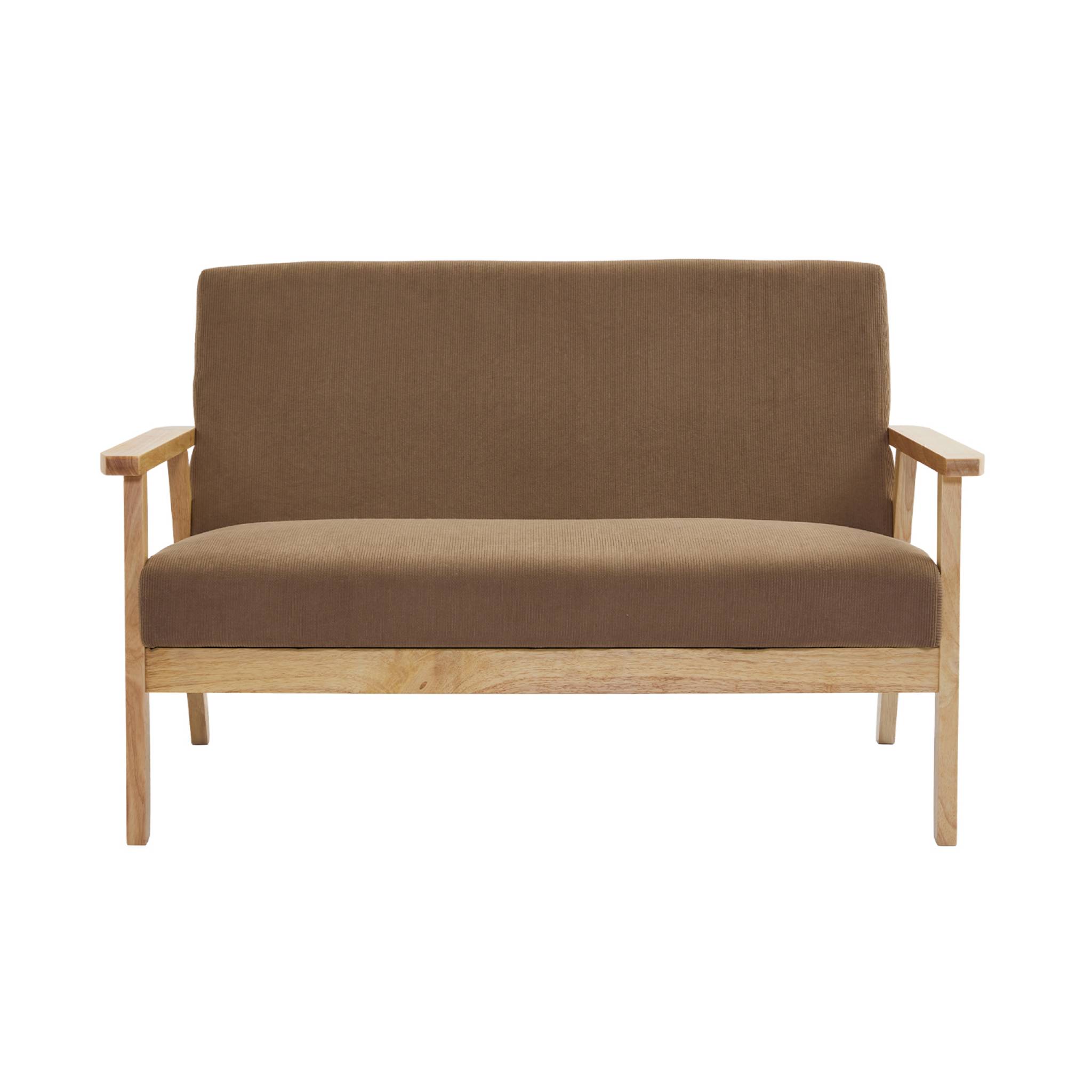 Banquette canapé 2 places en bois et tissu velours côtelé coloris taupe. Isak. L 114 x P 69.5 x H 73cm