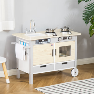 Cuisine desserte pour enfant 2 en 1 multi-équipement avec 5 accessoires acier inox. MDF aspect bois clair gris