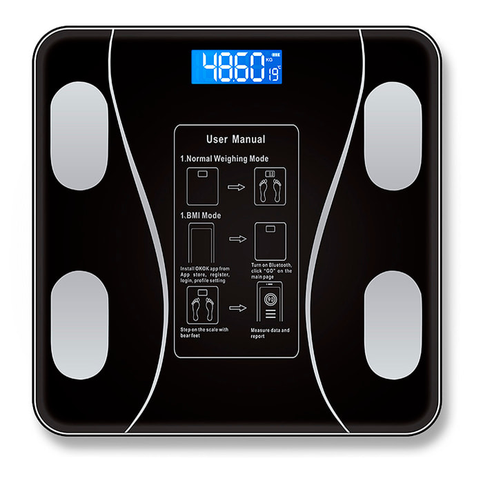 Bilancia intelligente con 8 metriche essenziali. Peso, grasso%, IMC, età corporea, ecc.