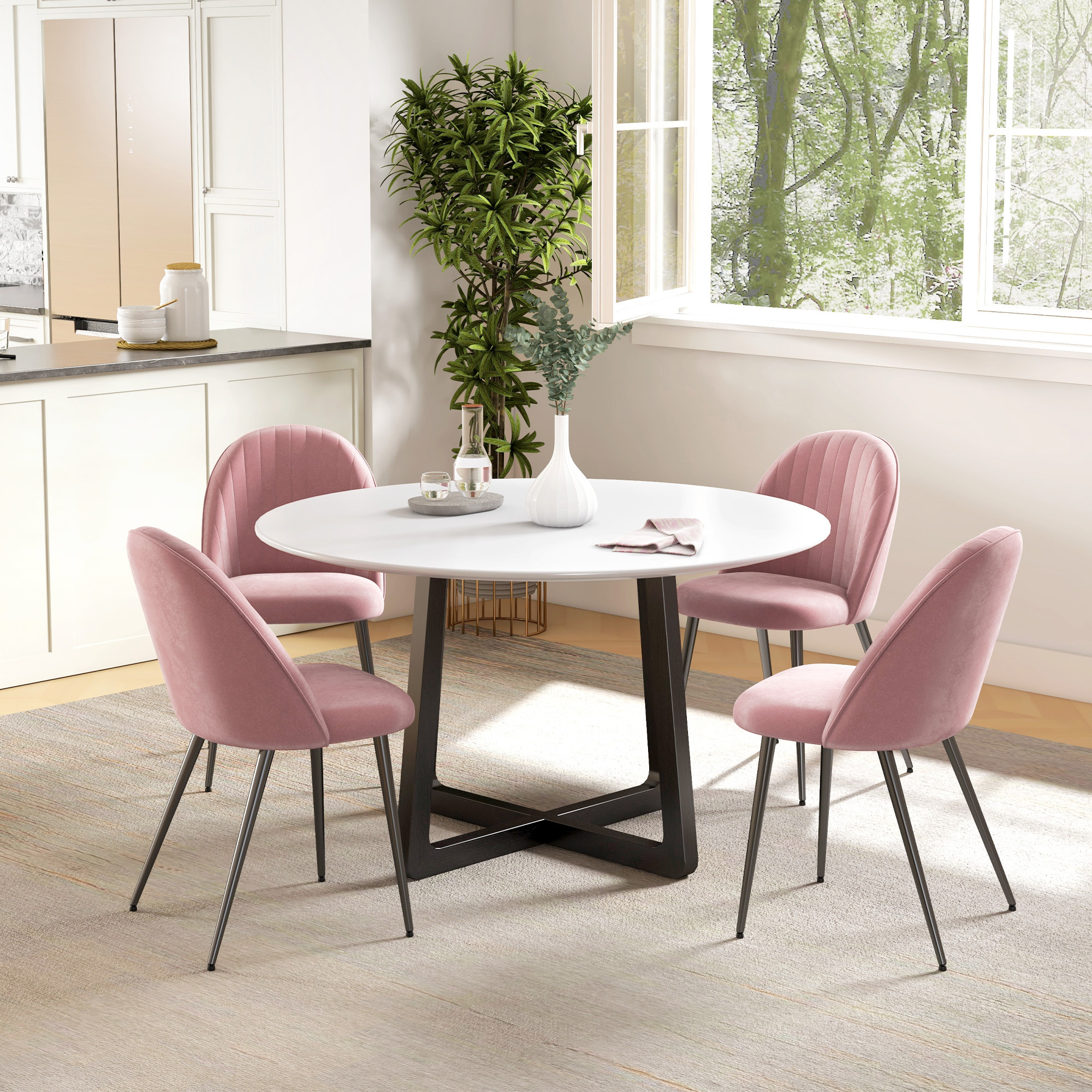 Pack de 4 Sillas de Comedor Modernas, Sillas de Cocina Tapizada en Terciopelo con Respaldo Curvo y Patas de Acero, para Salón, Rosa Palo