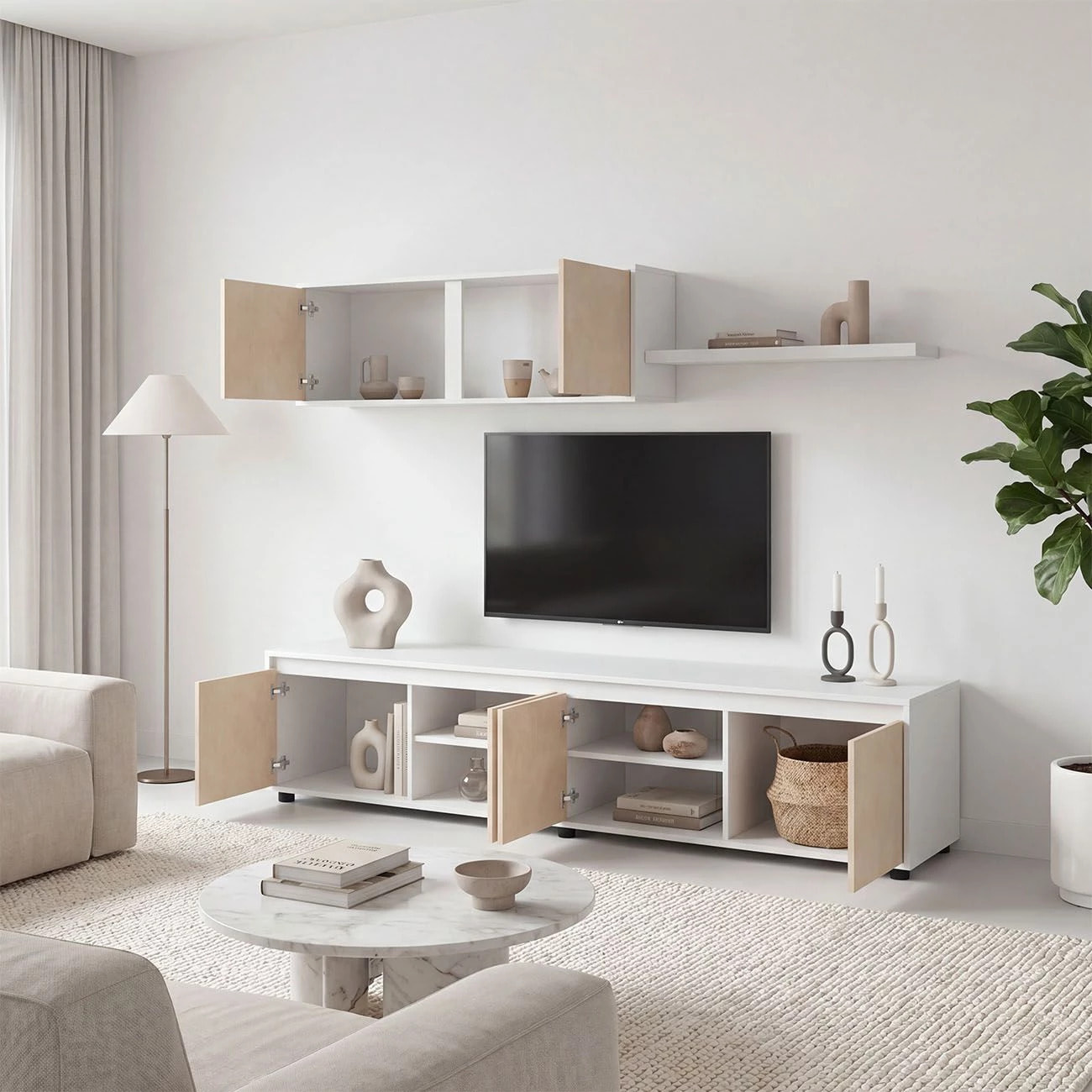 Salón con mueble de TV y estantería en blanco artik y roble canadian 200 cm Arlet Blanco Artik (Blanco Mate) - Roble Canadian