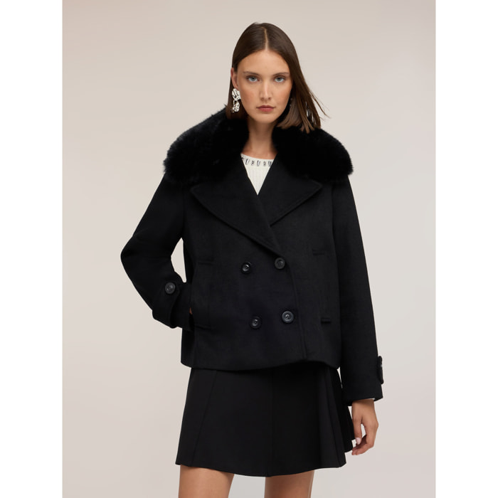 Motivi - Cappotto corto doppiopetto in double misto lana - Nero