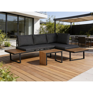 Salon de jardin canapé d'angle modulable décor imitation bois "Sylva" - 4 places - Gris