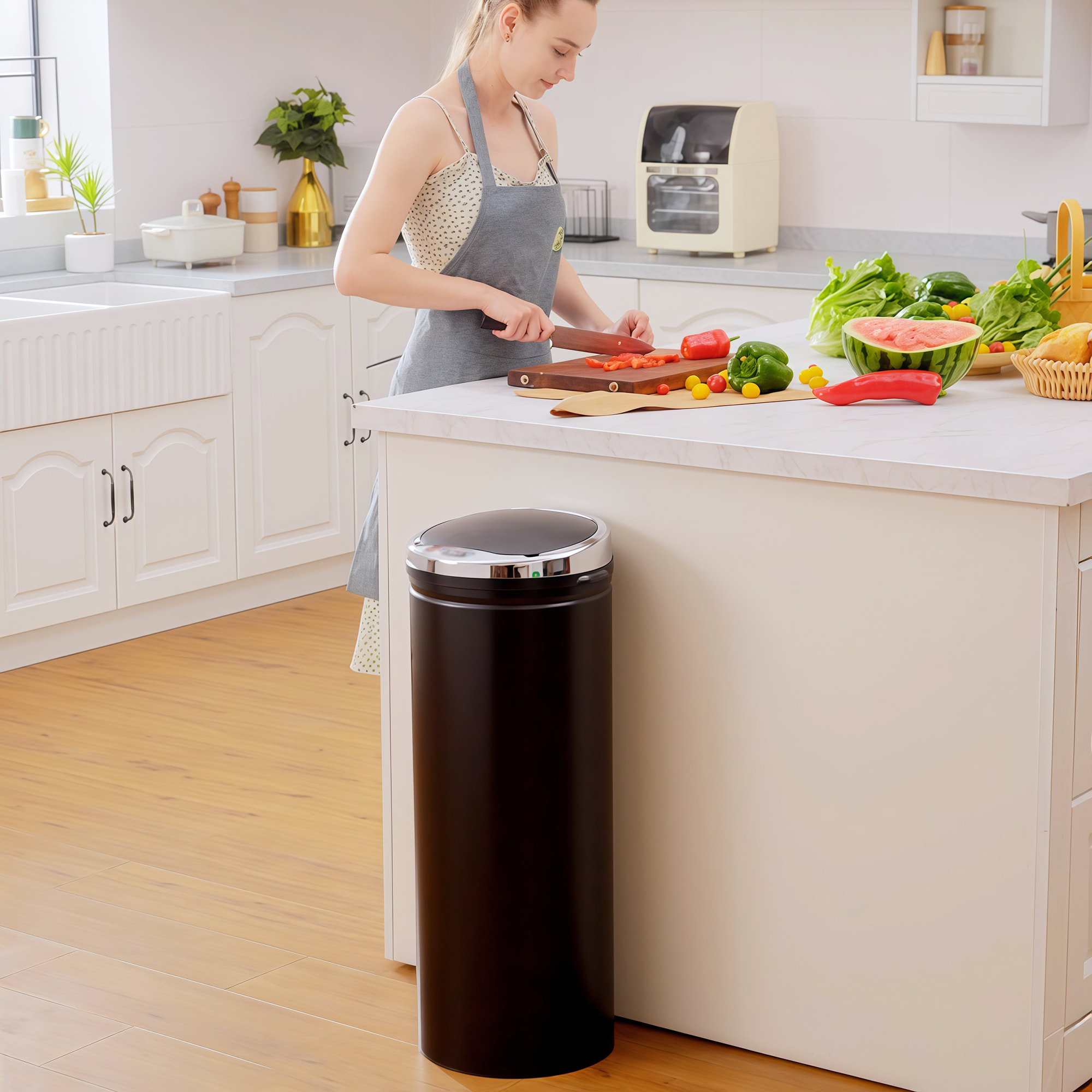 Cubo de Basura Automático 50L, Papelera Cocina con Sensor de Movimiento, Tapa Cierre Suave y Silencioso, Cuerpo de Acero Inoxidable, para Comedor, Oficina, Negro