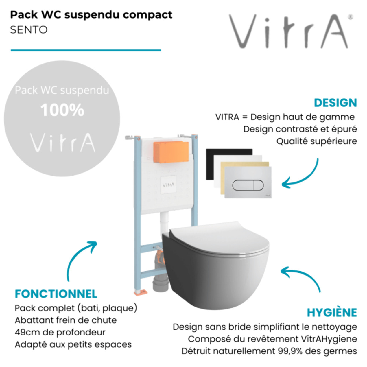 Pack WC suspendu Sento Blanc Compact + Bâti auto-portant V-Fix Core + Plaque Round chromé