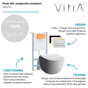 Pack WC suspendu Sento Blanc Compact + Bâti auto-portant V-Fix Core + Plaque Round chromé