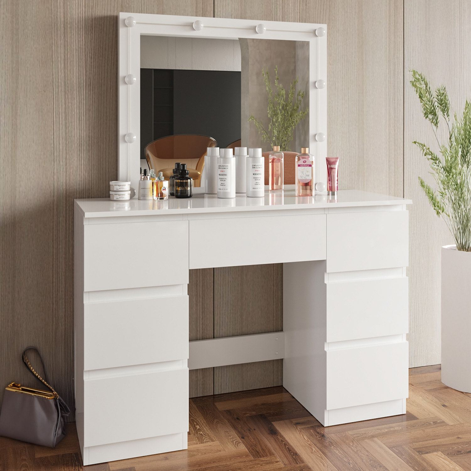 Toeletta Tavolino Da Trucco Tavolo 10 Luci LED Luminosità Regolabile Specchio Orizzontale Con 7 Cassetti Postazione Make Up 39.5x110x140.5 Cm Bianco