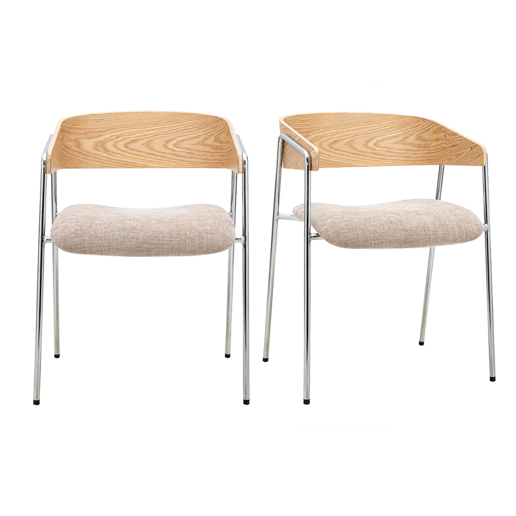 Chaises en tissu effet velours texturé taupe, bois clair et métal chromé (lot de 2) FANELY
