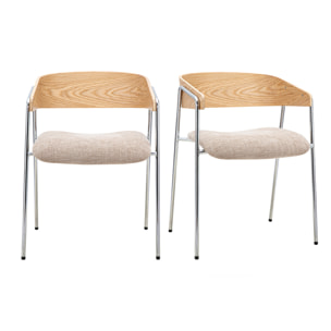 Chaises en tissu effet velours texturé taupe, bois clair et métal chromé (lot de 2) FANELY