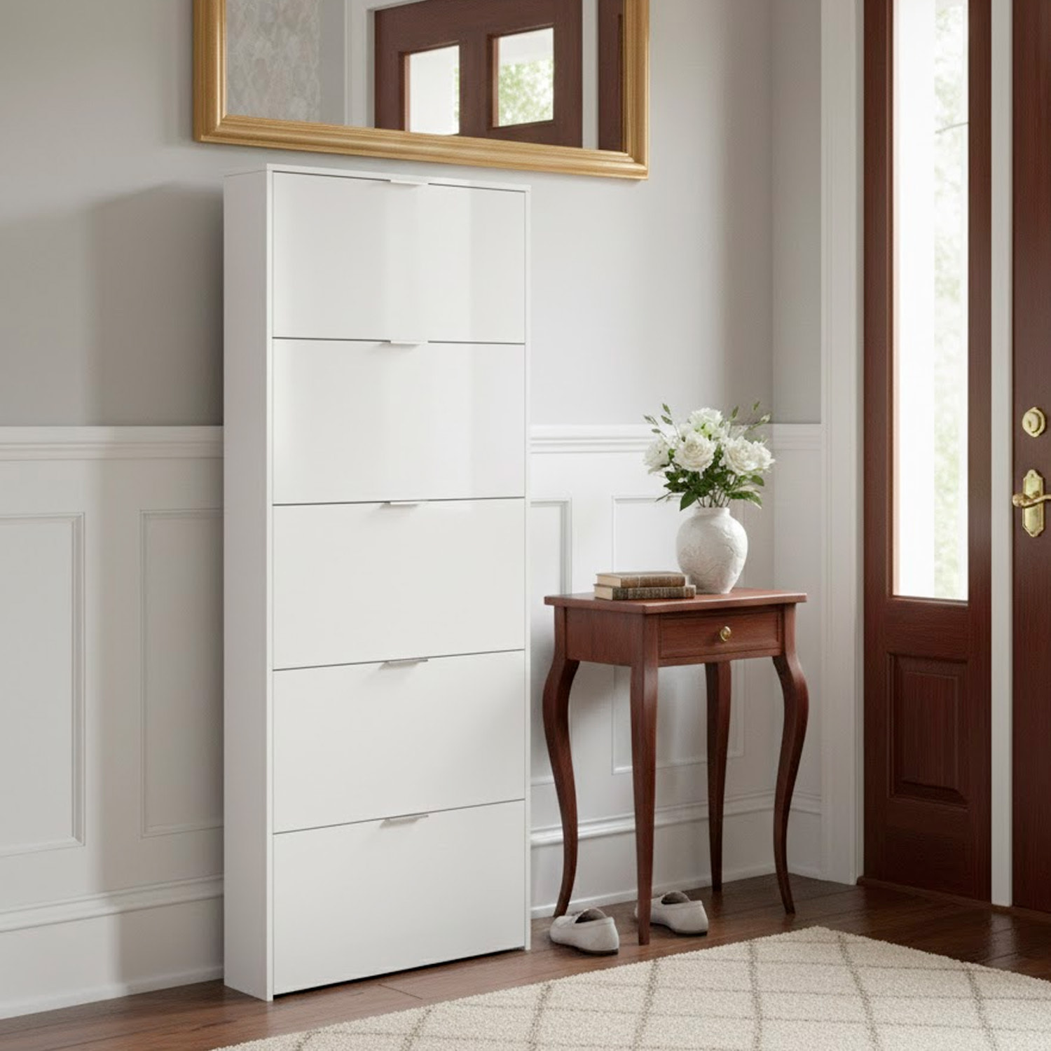Scarpiera Armadio con 5 Ante Ribaltabili in Legno, Mobile Porta Scarpe Scaffale Mensola Organizzatore per Casa, Ingresso 70×17×180 Cm Bianco Lucido