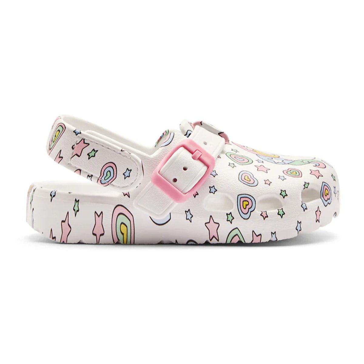Sandalias Zueco Hebilla Estampado Unicornio Blanco