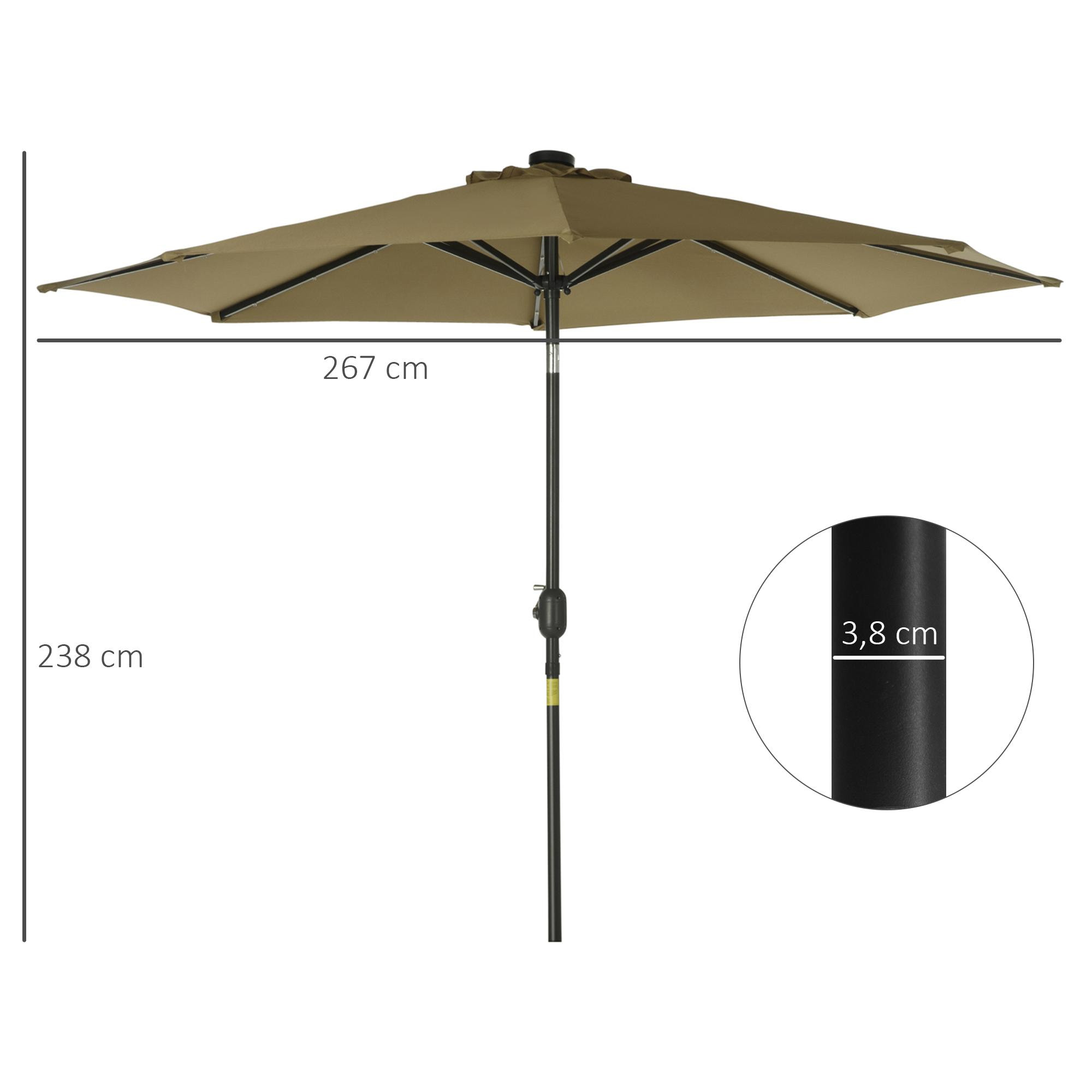 Sombrilla de Jardín Ø268x238 cm Parasol de Terraza con 24 Luces LED Solar Mecanismo de Inclinación Manivela y Poste Desmontable de Metal para Piscina Patio Marrón