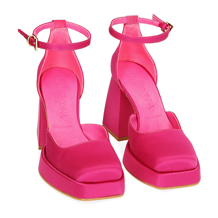 Zapato de tacón de plataforma fucsia en raso, tacón 9 cm