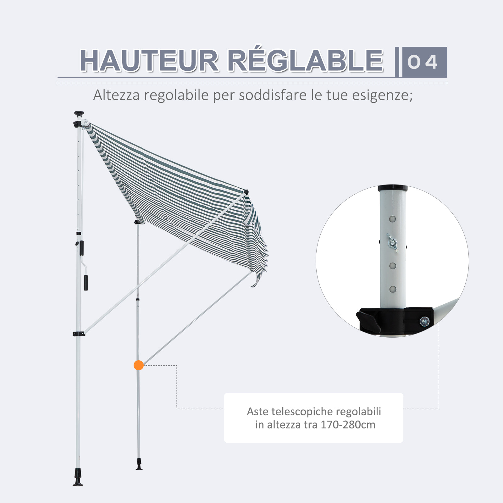 Store banne manuel rétractable 3L x 1,5l m inclinaison et hauteur réglable installation rapide métal alu polyester anti-UV vert blanc rayé