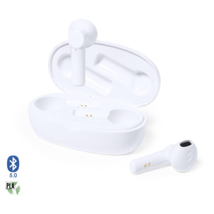 DAM Auriculares TWS Kermit, Bluetooth 5.0, con base de carga de 250mAh. Materiales de fibras naturales sostenibles. 6,5x3,6x2,5 Cm. Color: Blanco