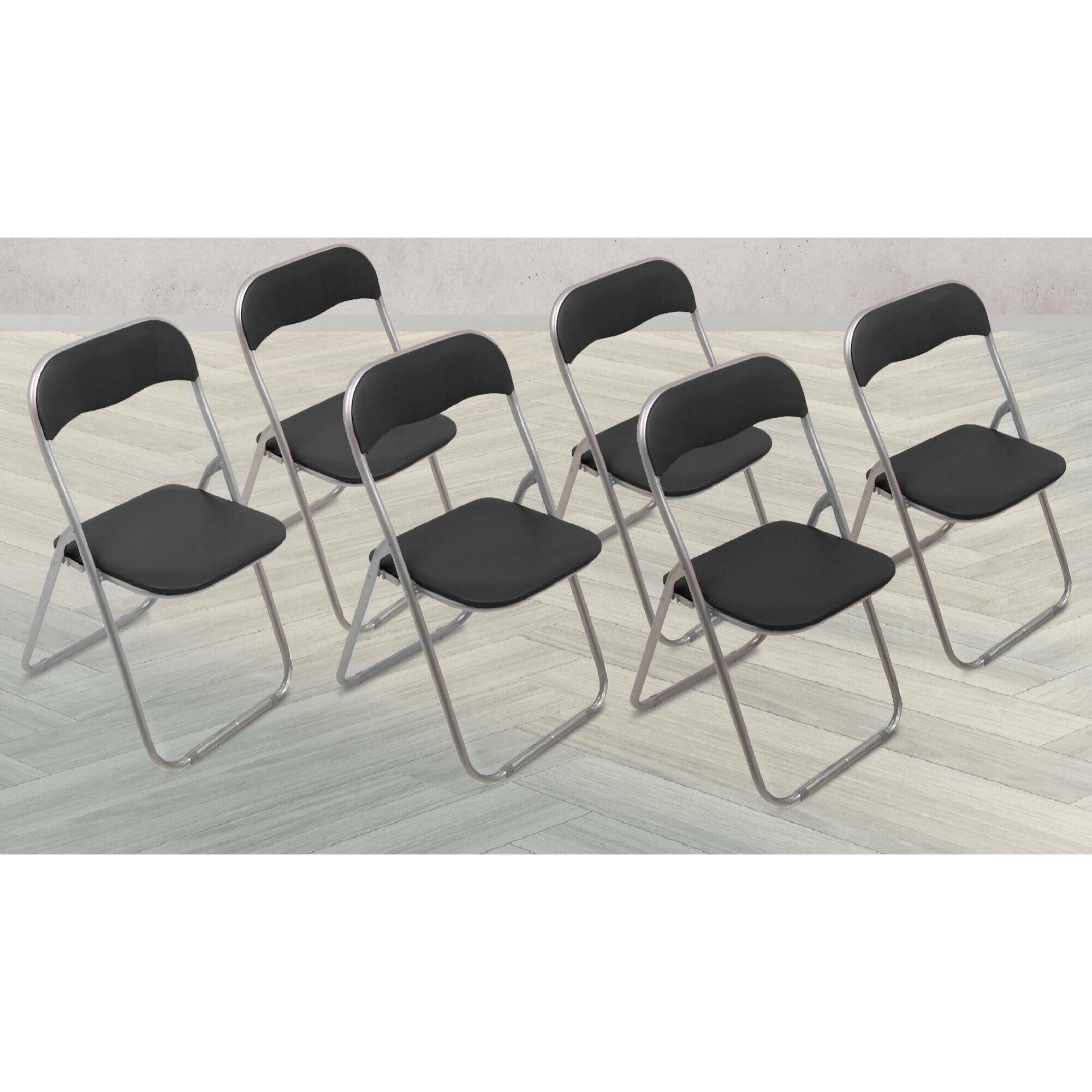 Set di 6 sedie pieghevoli Antenore, Poltrona salvaspazio, Sedia per ospiti, Seduta per riunioni in simil ecopelle, 43x47h80 cm, Nero