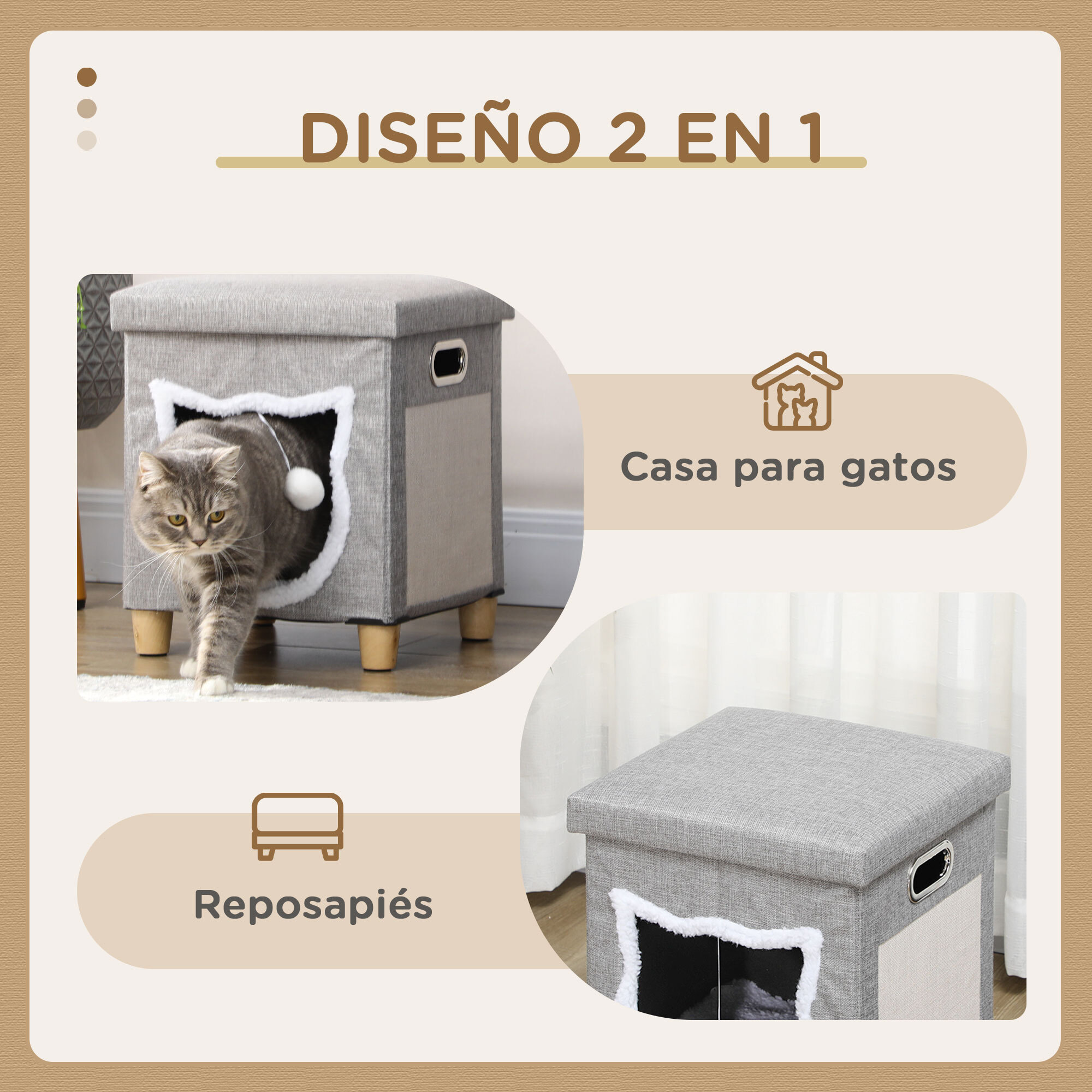 Cama Cueva de Gatos 2 en 1 Casa para Gatos Interior Tipo Reposapiés con Cojín Extraíble Bola Colgante y Almohadilla para Rascar 35,5x35,5x42,5 cm Gris