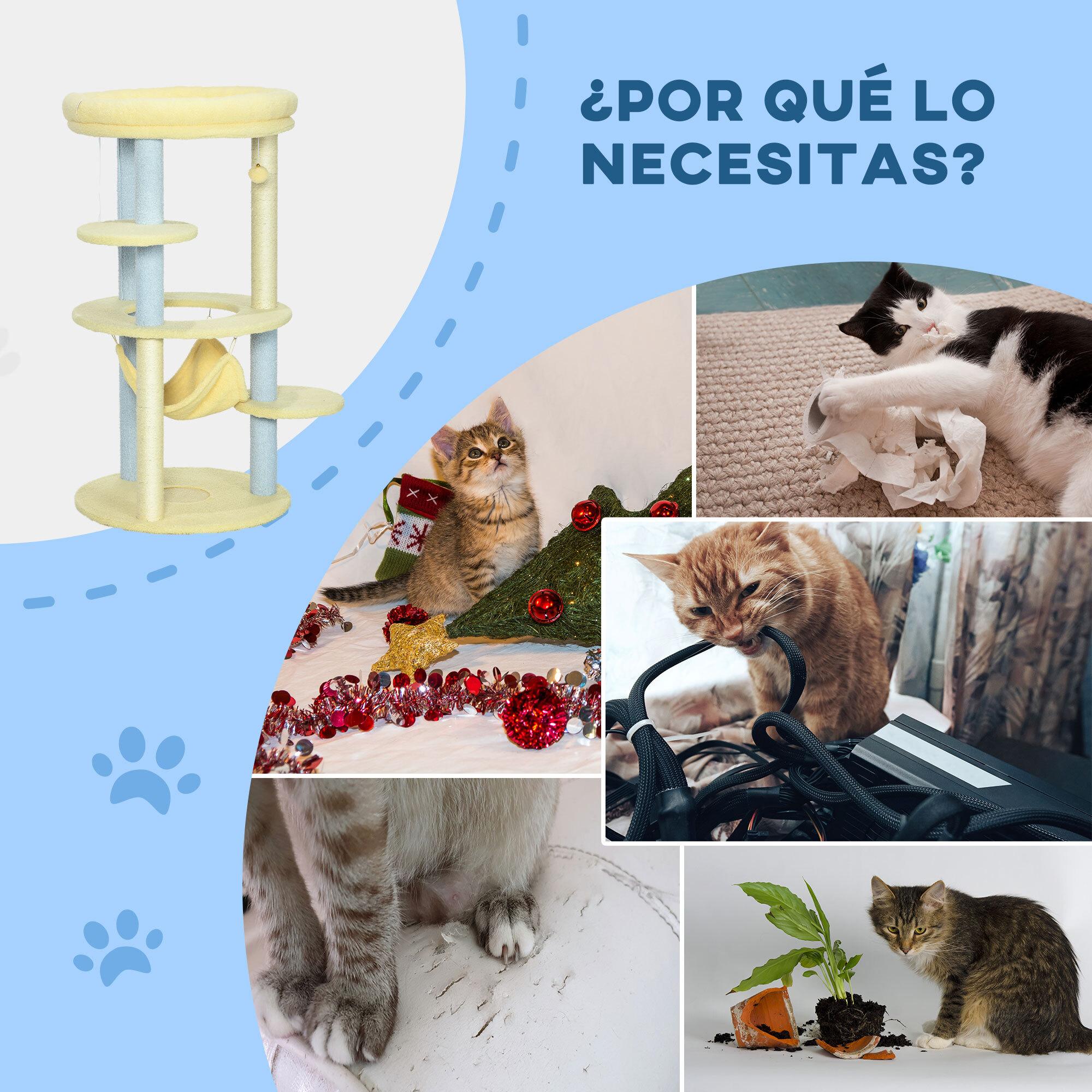 Árbol Rascador para Gatos Mediano 110 cm Torre para Gatos Centro de Actividades para Gatitos con Hamaca Poste de Sisal y Bola Colgante Ø58x110 cm Amarillo y Azul