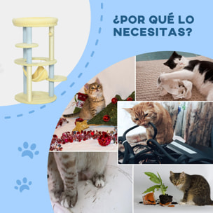 Árbol Rascador para Gatos Mediano 110 cm Torre para Gatos Centro de Actividades para Gatitos con Hamaca Poste de Sisal y Bola Colgante Ø58x110 cm Amarillo y Azul