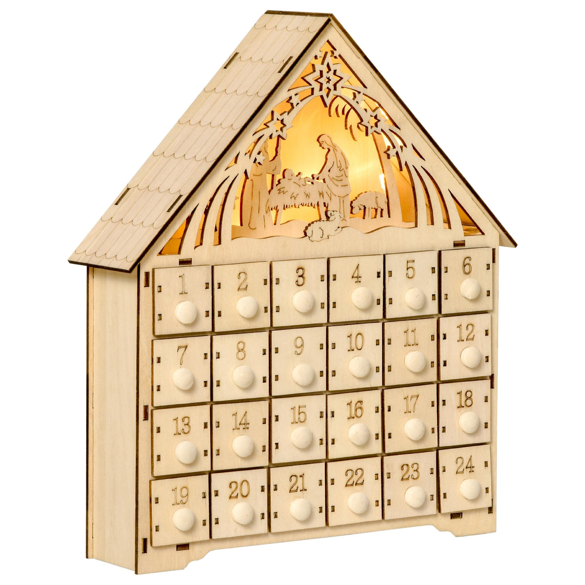 Calendario de Adviento de Madera con Luces Calendario de Navidad con 24 Cajas de Cuenta Regresiva Decoración Navideña para Rellenar 26,6x6x30 cm Natural