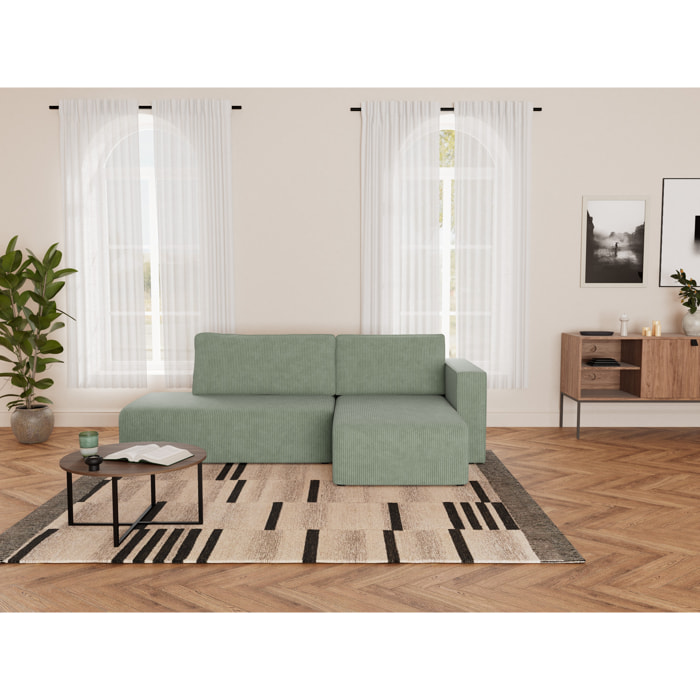 Topaze - canapé d'angle droit 4 places convertible avec coffre sans accoudoir en velours côtelé - Vert sauge