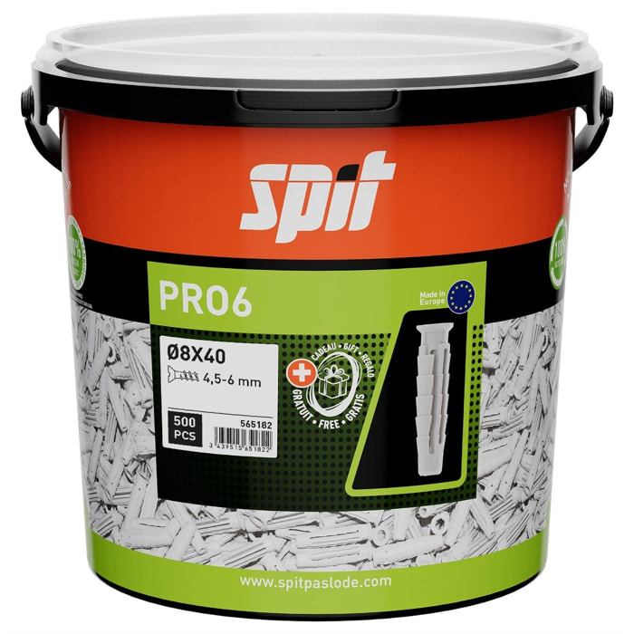 Cheville nylon PRO6 - 8 x 40 sans vis - Seau de 500 - SPIT - 565182