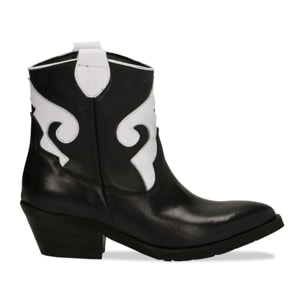 Botas Camperos negras de piel auténtica con inserciones blancas, tacón de 5,5 cm