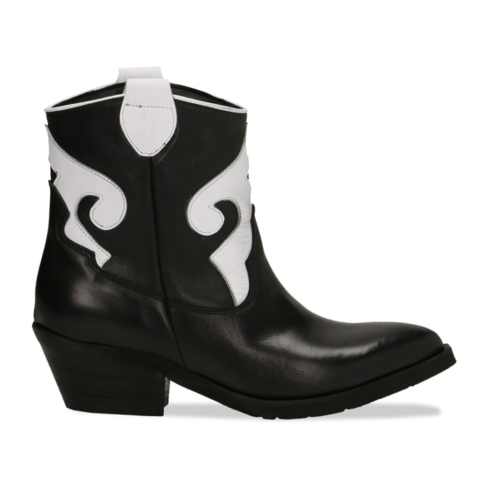 Botas Camperos negras de piel auténtica con inserciones blancas, tacón de 5,5 cm