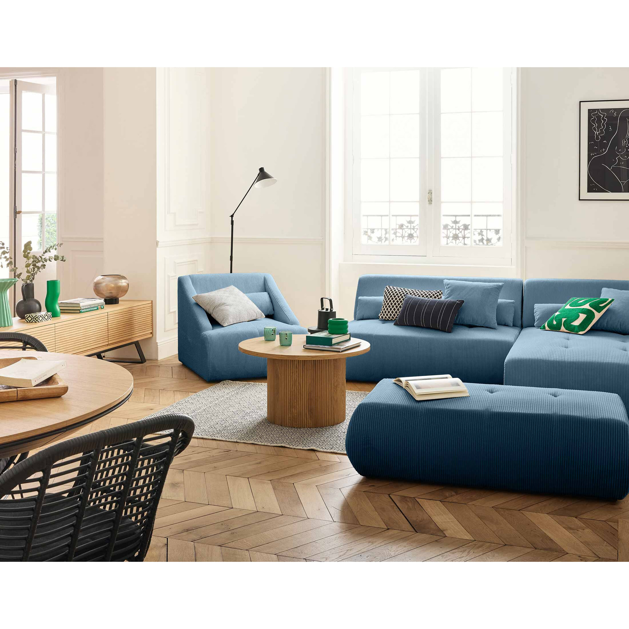 Onyx - canapé modulable d'angle droit - 5 places - en velours côtelé - Bleu