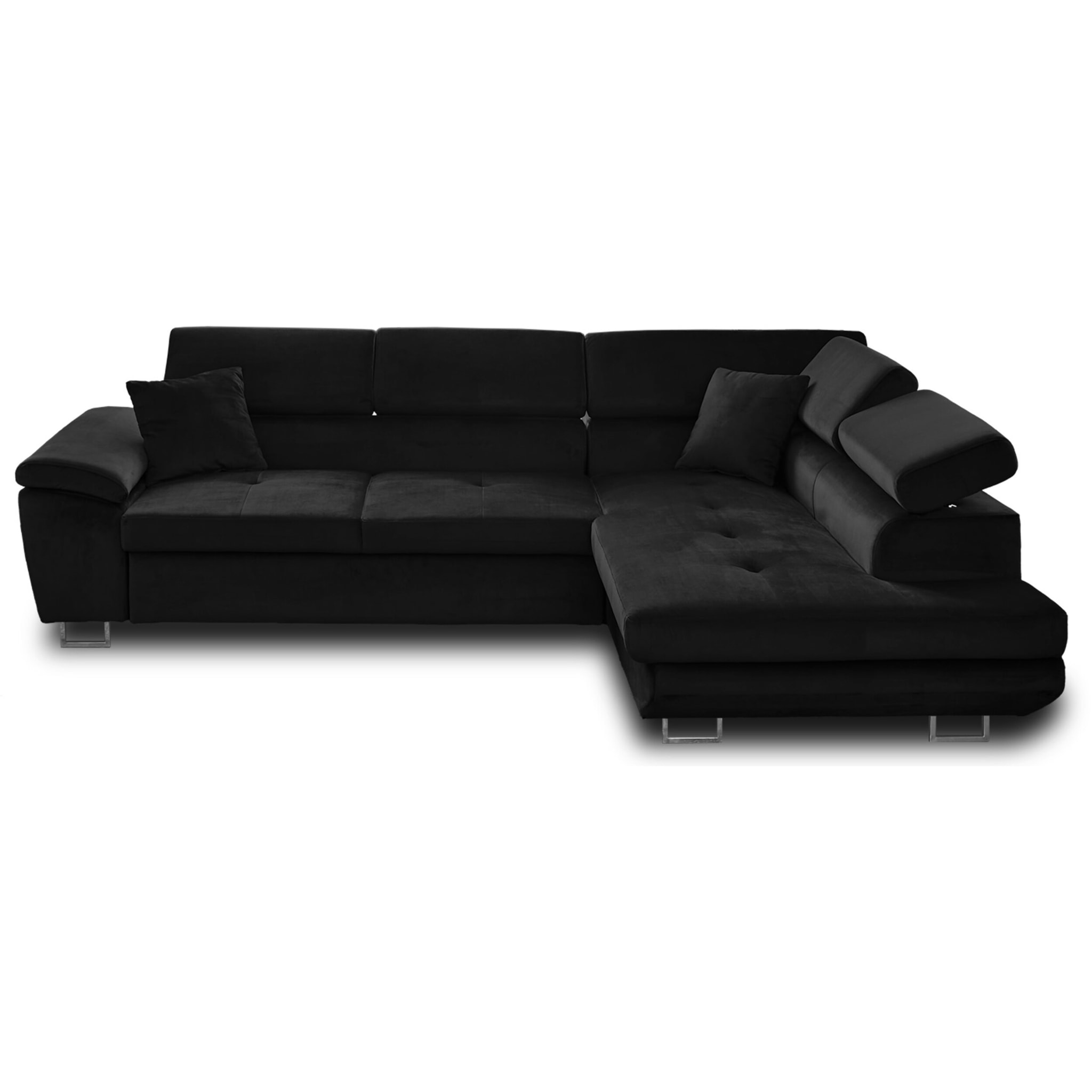 Dimas - canapé d'angle droit 5 places - convertible avec coffre et têtières réglables - en velours - Noir