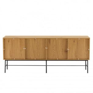 SCOTT - Buffet 4 portes décor effet bois rainuré noir et naturel