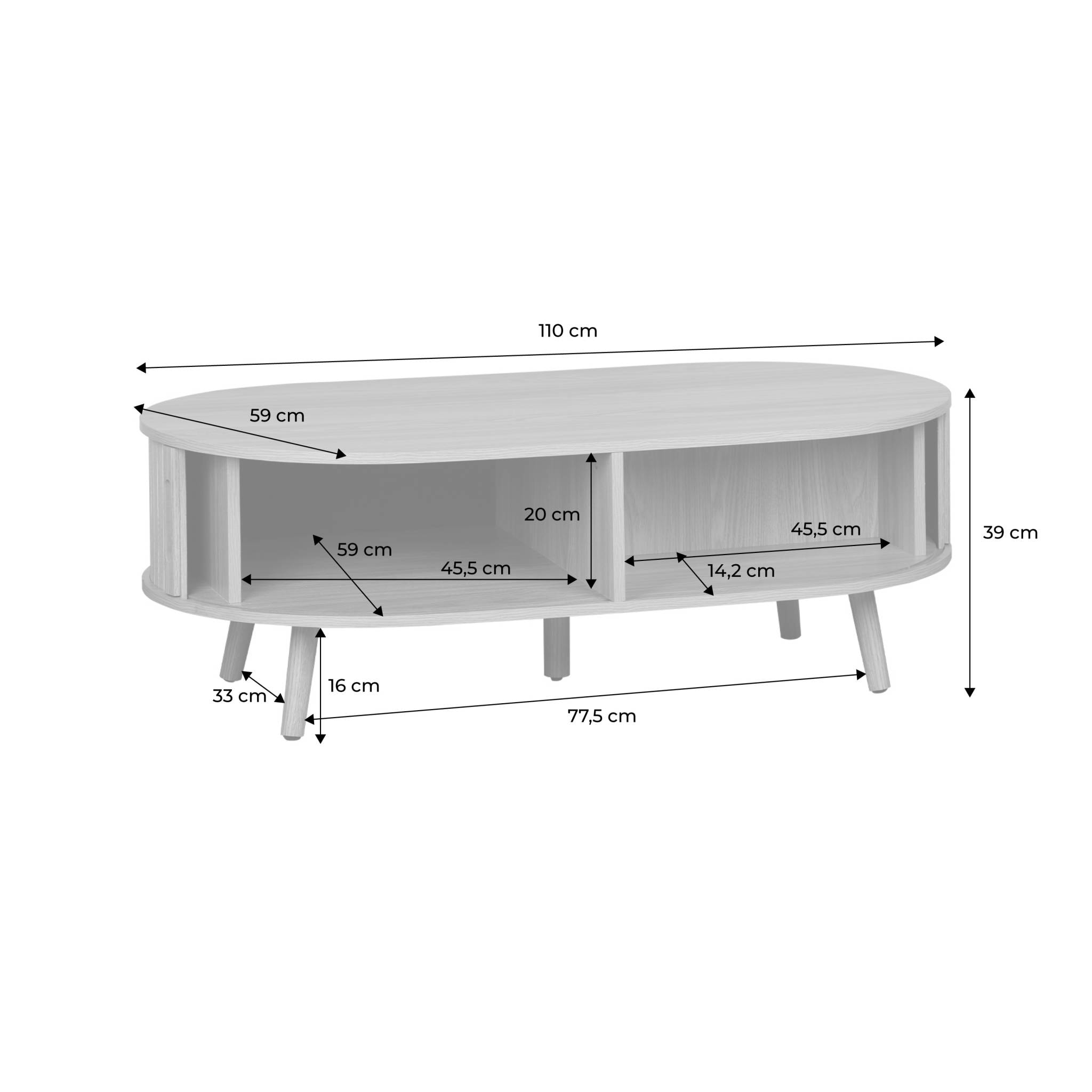 Table basse 2 portes coulissantes avec 3 compartiments effet bois rainuré. L 110 x P 59 x H 39cm
