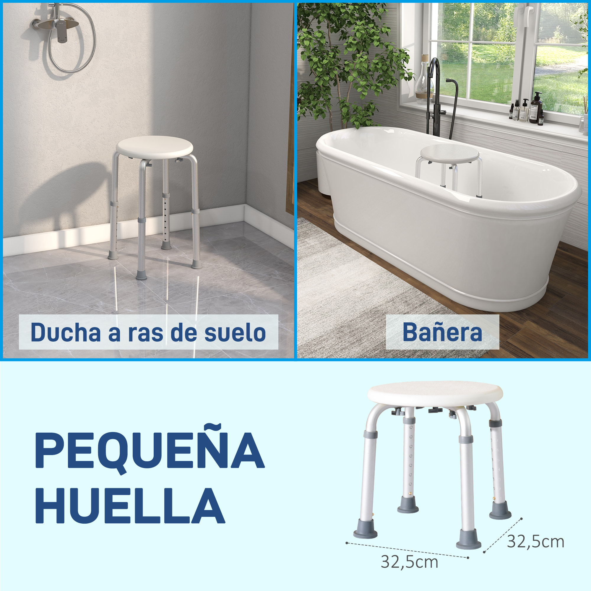 Taburete de Ducha, Silla Ducha Personas Mayores Antideslizante con Altura Regulable, Carga 135 kg, Taburete de Baño para Ancianos y Discapacitados, Blanco