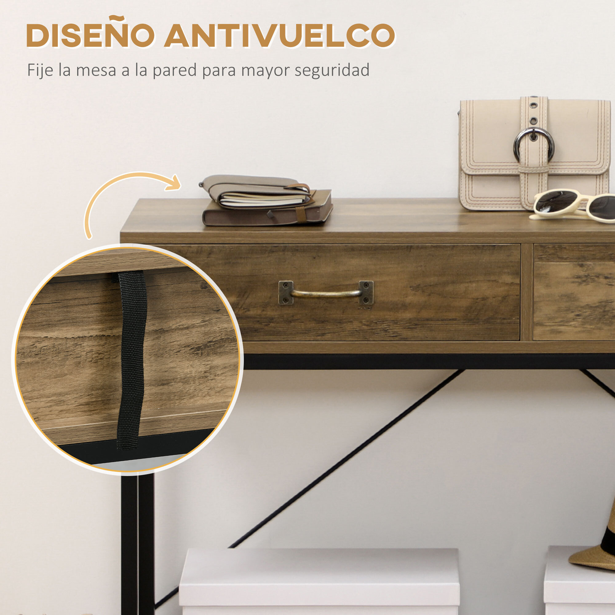 Mesa de Consola Industrial, Mesa de Sofá con 2 Cajones y Estante, Consola para Recibidor con Patas de Metal, para Salón, Pasillo, Entrada, Marrón y Negro