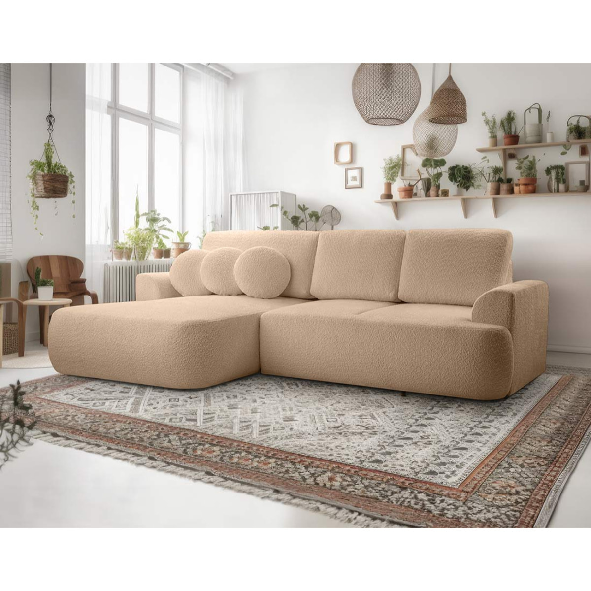 Candela - canapé d'angle gauche 4 places - convertible avec coffre - en tissu bouclette - Taupe