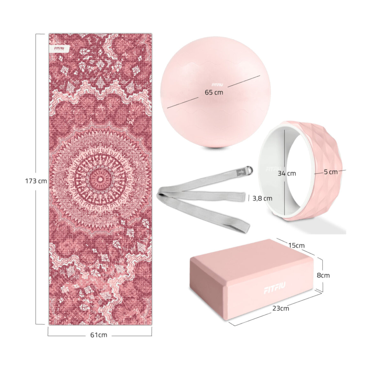 Kit de yoga et Pilates ROSE 5 accessoires avec tapis, bloc, ballon, roue et sangle