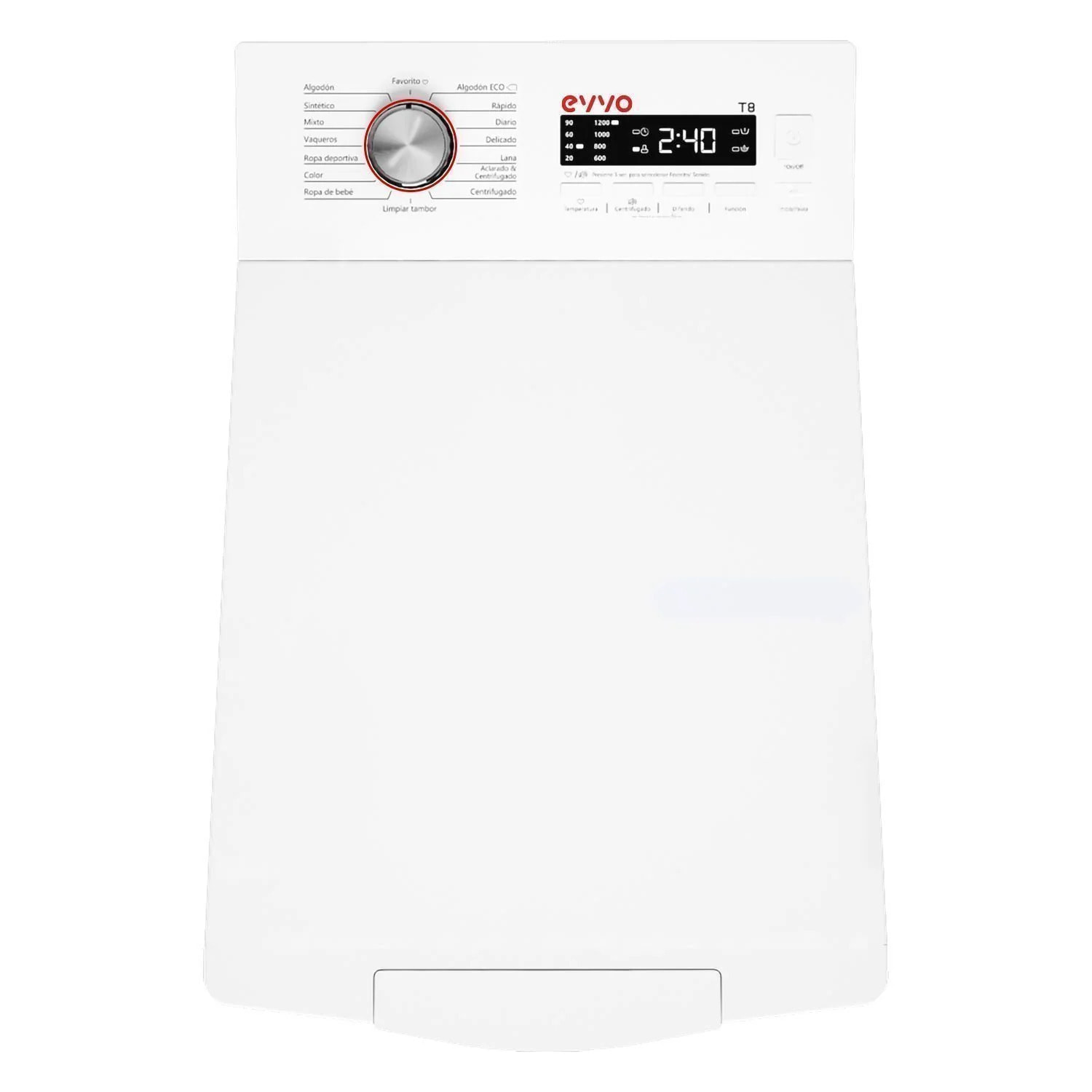 EVVO Lavadora 8 kg carga superior Wt8a, Clase energética A, 1250 rpm, 15 programas, Limpieza de tambor, Función ultraRápida